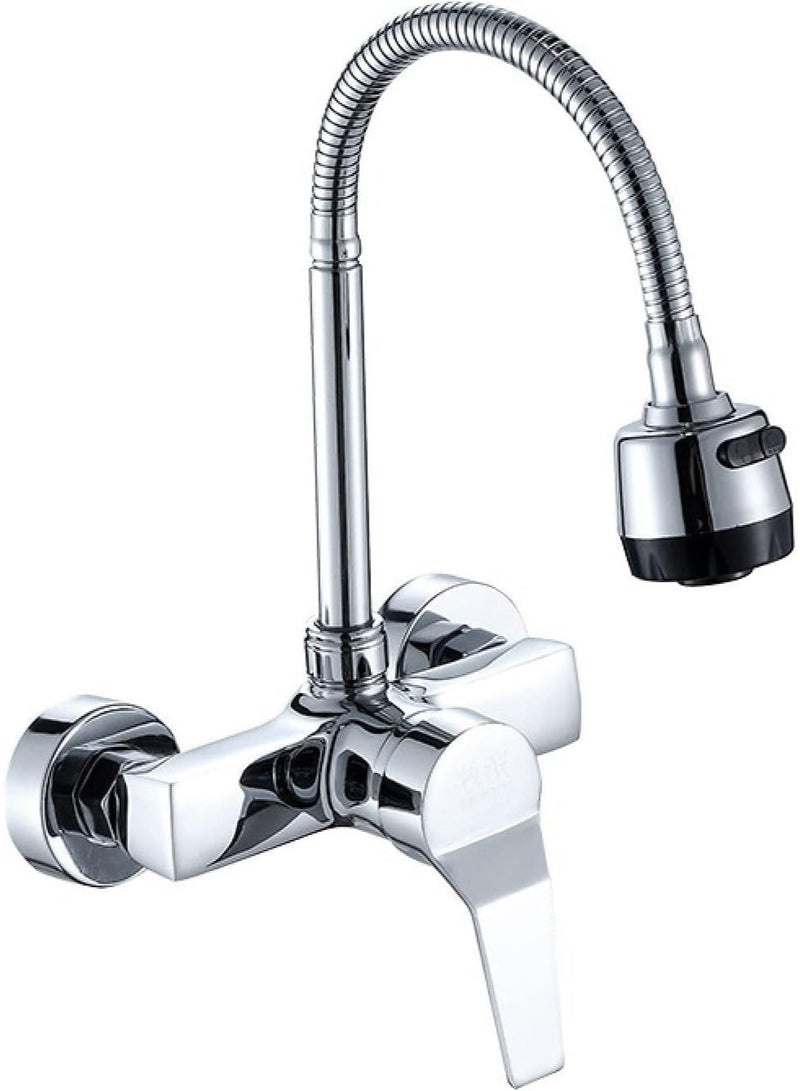 المفتاحة خلاط حوض مطبخ يُثبّت على الحائط | صنبور ماء ساخن وبارد بوضعين للرش | خلاط مطبخ بفتحتين وذراع واحد مع فوهة قابلة للدوران 360 درجة - Image 1